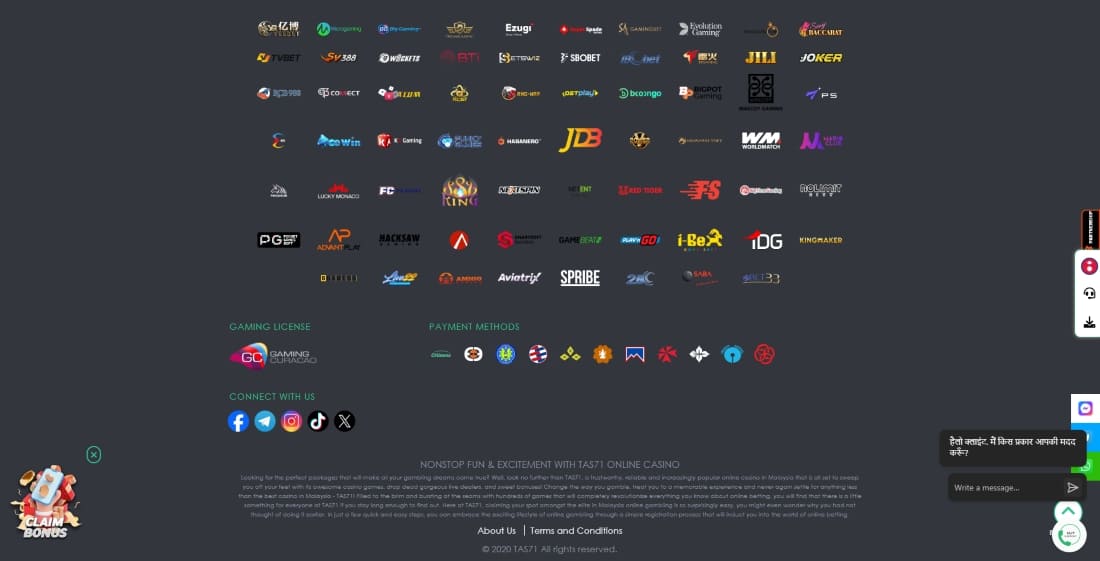 TAS71 casino footer showing gaming providers and supported payment logos