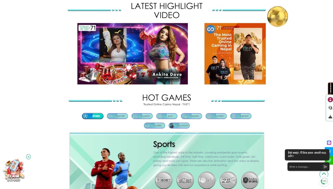 Highlight section with ambassadors, social icons, and casino visual promo